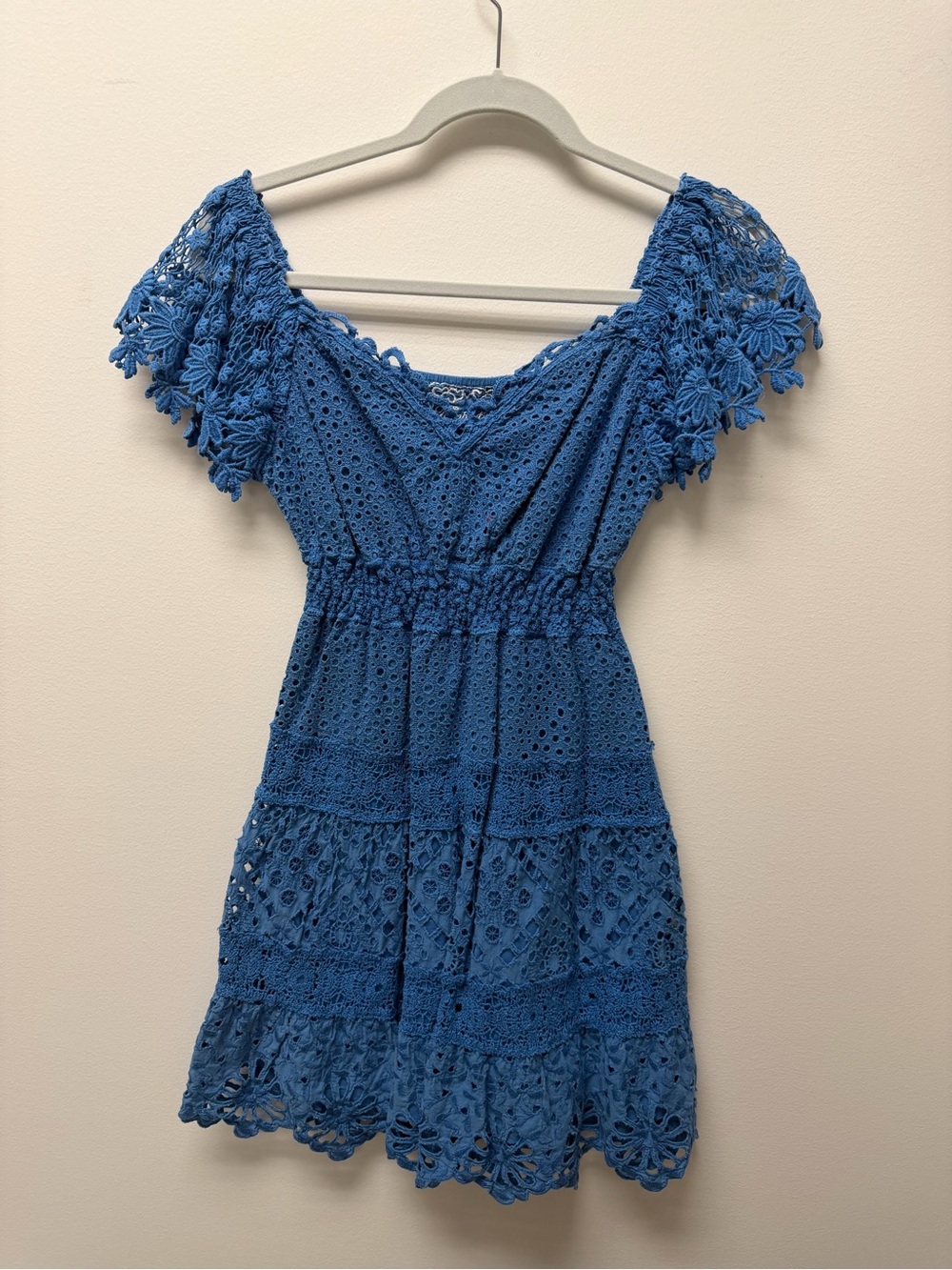 Crochet Off-Shoulder Mini Dress in Blue